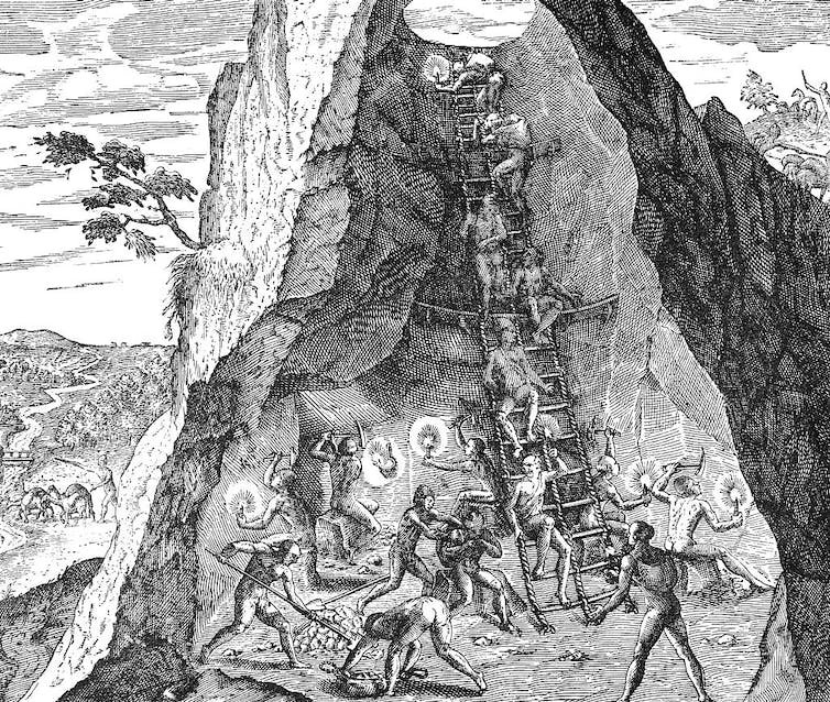 एक श्वेत-श्याम उत्कीर्णन खदान में काम करने वाले लोगों को प्रवेश द्वार की ओर जाने वाली सीढ़ी के साथ दिखाता है।